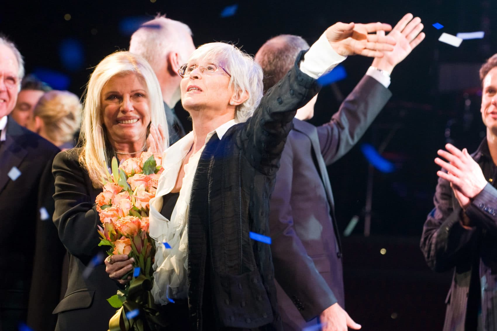 Nancy Sinatra and Twyla Tharp appear at the curtain call for the opening night performance of the Broadway musical 'Come Fly Away' in New York, Thursday, March 25, 2010. (AP Photo/Charles Sykes)