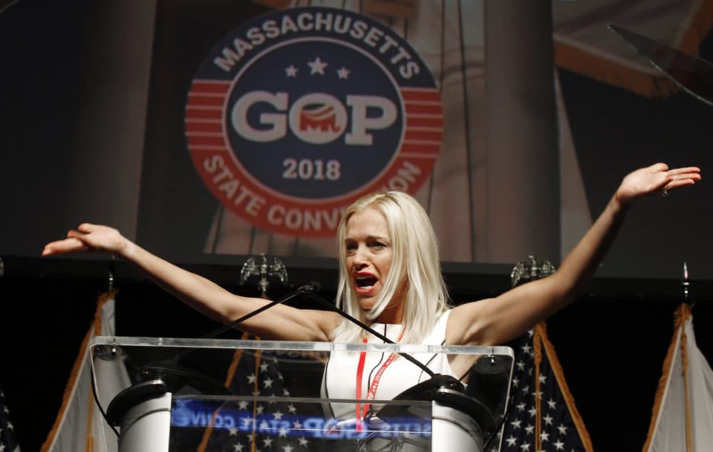 Former Chair of the Massachusetts GOP Kirsten Hughes speaks to delegates during the Massachusetts Republican Convention at the DCU Center in Worcester, Mass., Saturday, April 28, 2018. (AP Photo/Winslow Townson)
