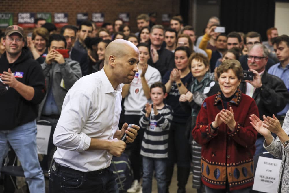 New Jersey Democratic Sen. Cory Booker exits the stage after speaking at a get out the vote event hosted by the NH Young Democrats  at the University of New Hampshire in Durham, N.H. Sunday, Oct. 28, 2018. (Cheryl Senter/AP)