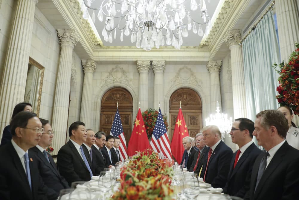 President Donald Trump, right, China's President Xi Jinping, left, and members of their delegations during their bilateral meeting at the G-20 Summit, Saturday, Dec. 1, 2018 in Buenos Aires, Argentina. (AP Photo/Pablo Martinez Monsivais)