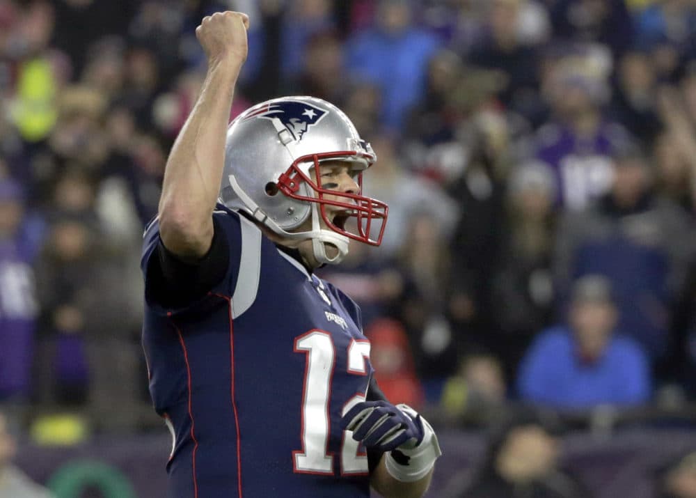 New England Patriots quarterback Tom Brady celebrates a touchdown run by James Develin during the second half of an NFL football game against the Minnesota Vikings, Sunday, Dec. 2, 2018, in Foxborough, Mass. (Elise Amendola/AP)