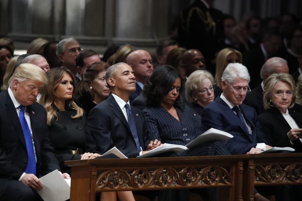 From left, President Donald Trump, first lady Melania Trump, former President Barack Obama, Michelle Obama, former President Bill Clinton and former Secretary of State Hillary Clinton listen during a State Funeral at the National Cathedral, Wednesday, Dec. 5, 2018, in Washington, for former President George H.W. Bush. (Alex Brandon, Pool/AP)