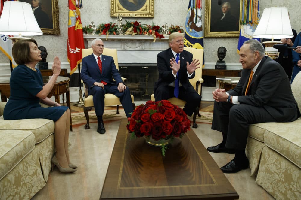House Minority Leader Rep. Nancy Pelosi, D-Calif., Vice President Mike Pence, President Donald Trump, and Senate Minority Leader Chuck Schumer, D-N.Y., argue during a meeting in the Oval Office of the White House, Tuesday, Dec. 11, 2018, in Washington. (Evan Vucci/AP)