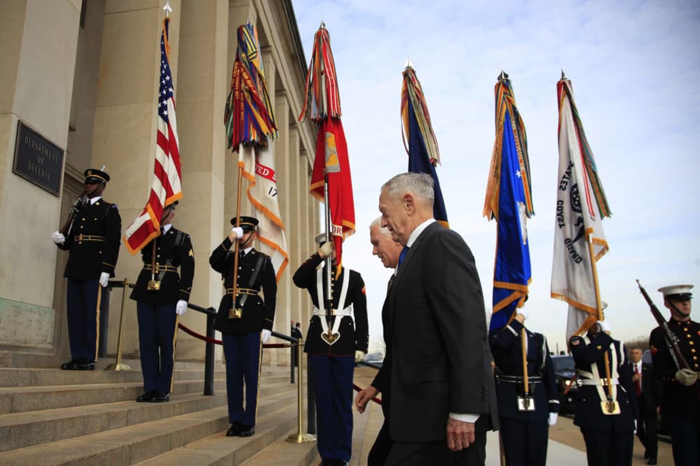 Defense Secretary Jim Mattis welcomes Vice President Mike Pence to the Pentagon, Wednesday, Dec. 19, 2018. (Manuel Balce Ceneta/AP)