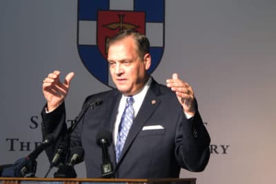 The Rev. R. Albert Mohler Jr., president of Southern Baptist Theological Seminary, speaks to reporters on Monday, Oct. 5, 2015. (Bruce Schreiner/AP)