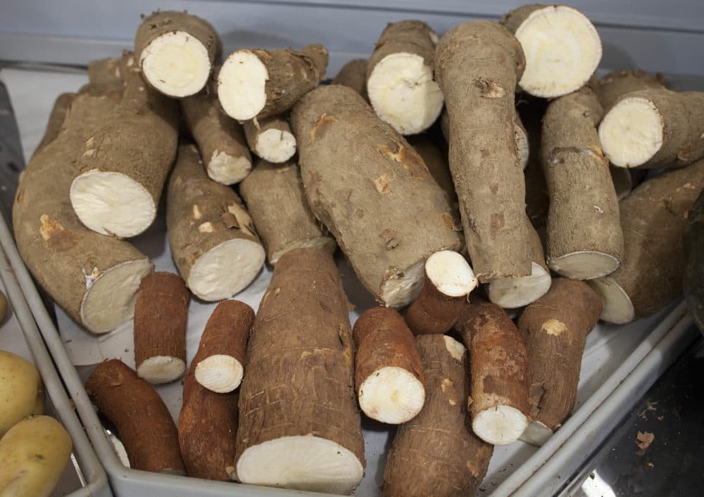 Cassava roots of various shapes and sizes are displayed in a supermarket in Sao Paulo, Brazil. Grown in some 80 countries worldwide and known internationally as yuca, manioc or mogo, cassava has its origins in Brazil. Even now, it remains an important source of carbohydrates, especially among Brazil's working class, who grind it into a rich, nutty flour or deep-fry it into greasy fries. (Andre Penner/AP)