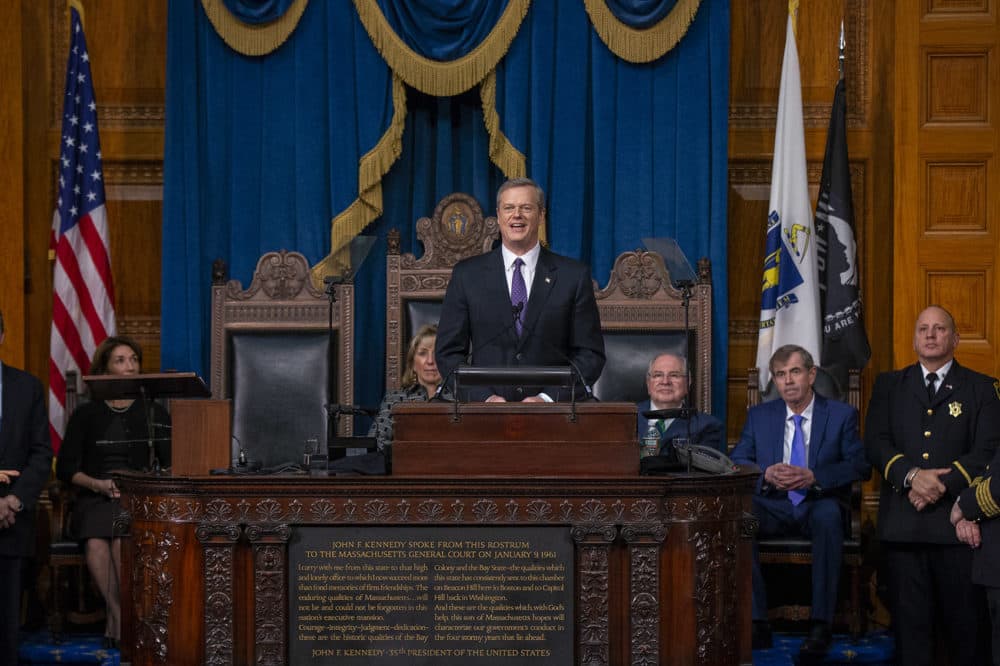 Gov. Charlie Baker delivers his inaugural address after being sworn in for his second term. (Jesse Costa/WBUR)