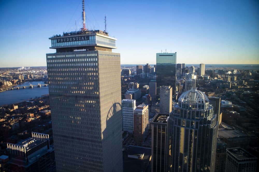 The two tallest buildings in Boston, 200 Clarendon Street (formerly known as the John Hancock Tower), right, and the Prudential Tower are seen from One Dalton. (Jesse Costa/WBUR)