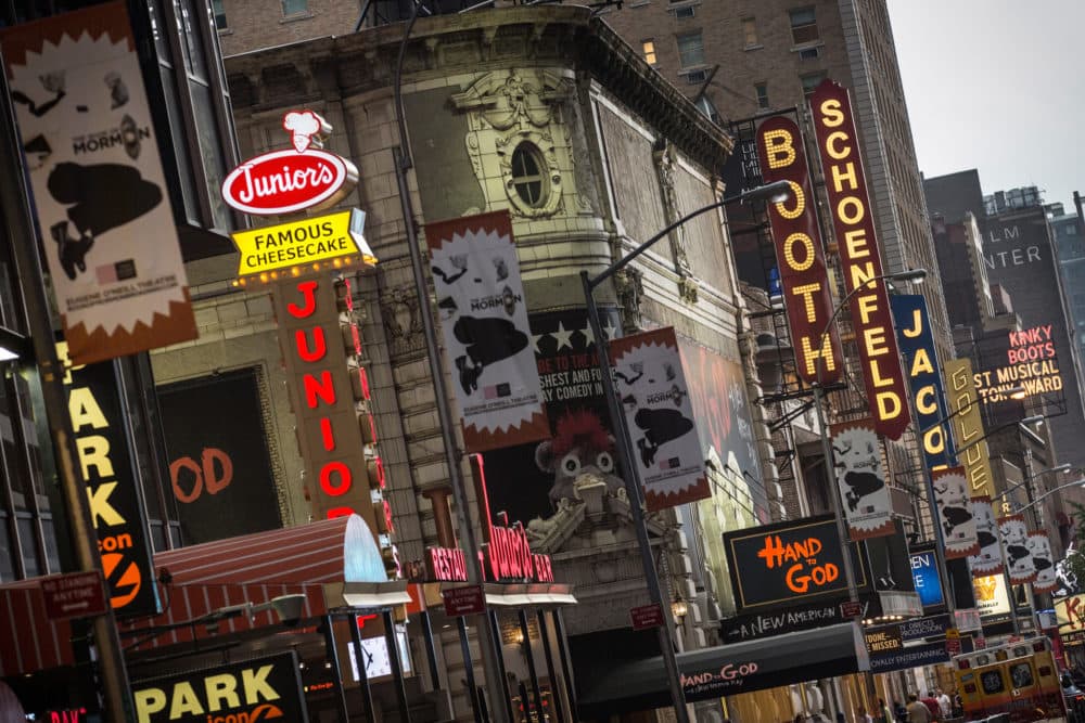 Broadway play marquees are seen near Times Square in New York City. (Andrew Burton/Getty Images)