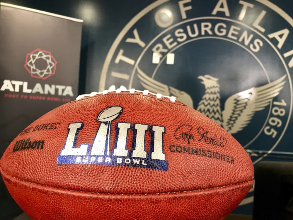 One of two footballs that flanked local, state and federal law enforcement officials at a Tuesday news conference about public safety at the upcoming Super Bowl 53 in Atlanta. The city is hosting the game on Feb. 3. (Jeff Martin/AP)