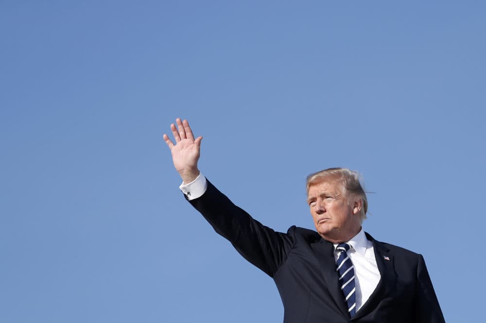 President Donald Trump waves as he boards Air Force One, Monday, Oct. 16, 2017, in Andrews Air Force Base, Md., en route Greenville, S.C., for a fundraiser for South Carolina Gov. Henry McMaster. (Carolyn Kaster/AP)
