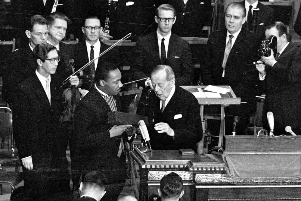 FILE - In this Dec. 10, 1964 file photo, U.S. civil rights leader the Rev. Dr. Martin Luther King receives the Nobel Peace Prize from Gunnar Jahn, chairman of the Nobel Committee, in Oslo, Norway. (AP Photo, File)