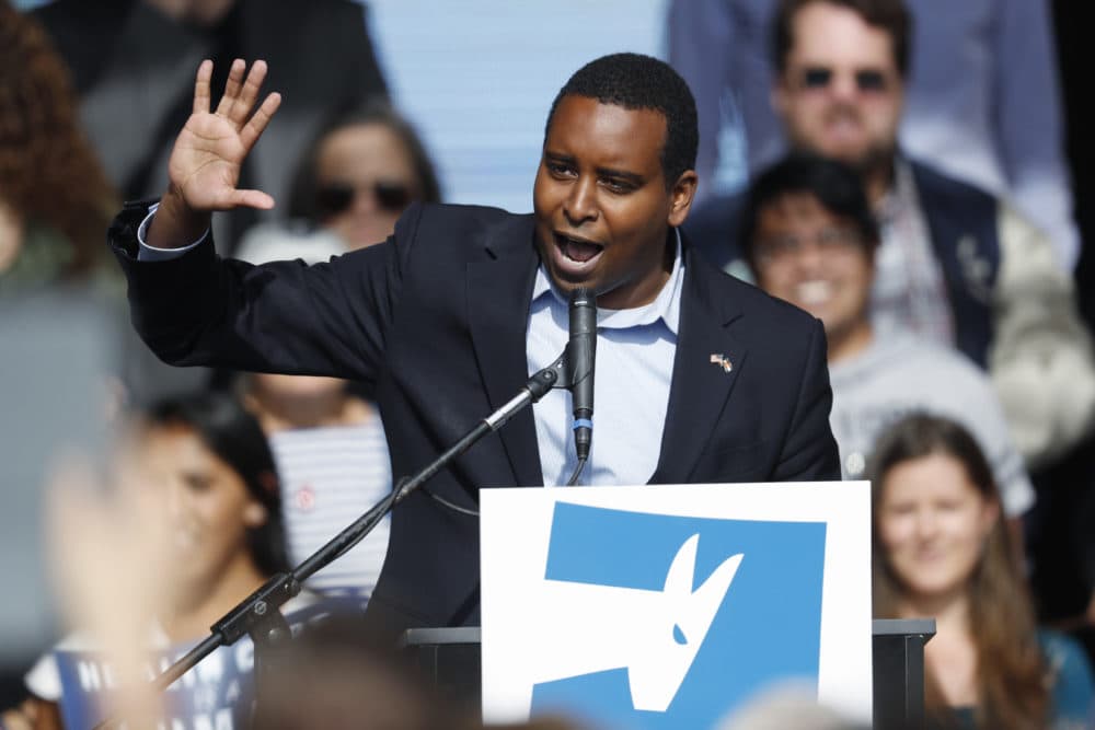Democratic candidate for Colorado's 2nd Congressional District seat, Joe Neguse, speaks before U.S. Sen. Bernie Sanders during a rally with young voters on the campus of the University of Colorado on Oct. 24, 2018, in Boulder, Colo. (David Zalubowski/AP)
