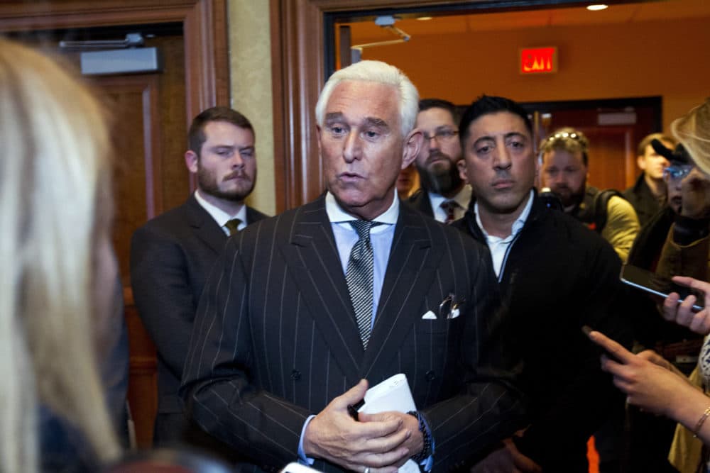 Roger Stone speaks to reporters after speaking at the American Priority Conference in Washington, Thursday Dec. 6, 2018. (Jose Luis Magana/AP)