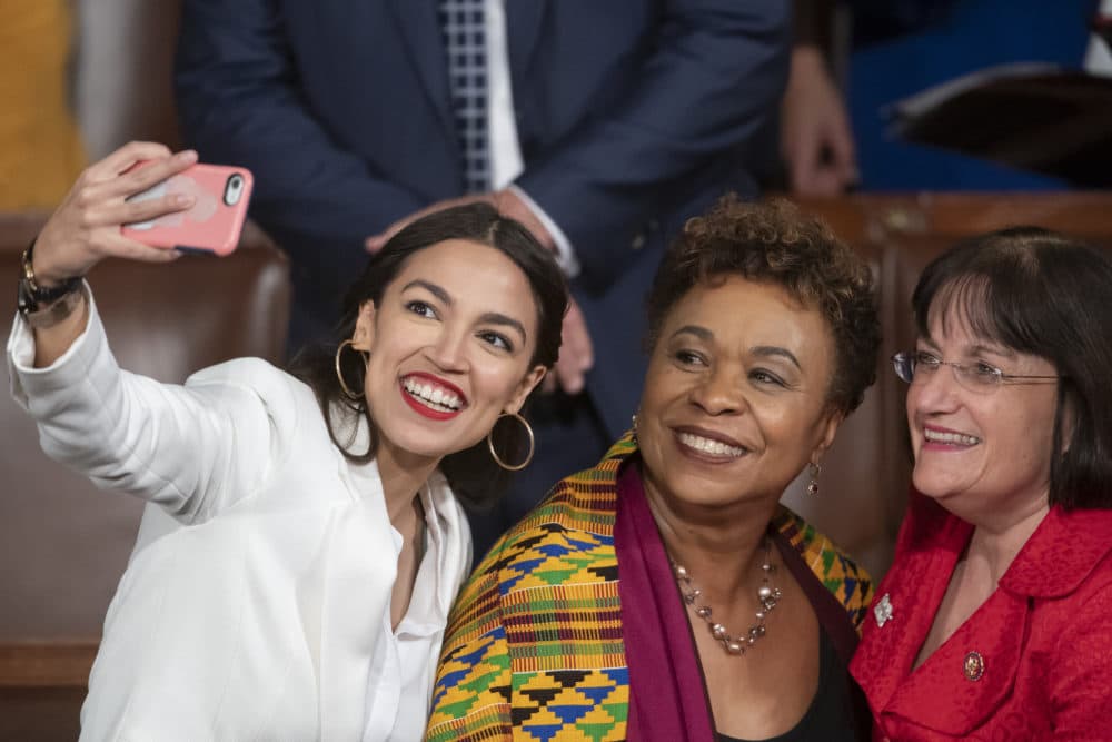 Rep.-elect Alexandria Ocasio-Cortez, a freshman Democrat representing New York's 14th Congressional District, takes a selfie with Rep. Ann McLane Kuster, D-NH, and Rep. Barbara Lee, D-Calif., on the first day of the 116th Congress with Democrats holding the majority, at the Capitol in Washington, Thursday,  Jan. 3, 2019. (J. Scott Applewhite/AP)
