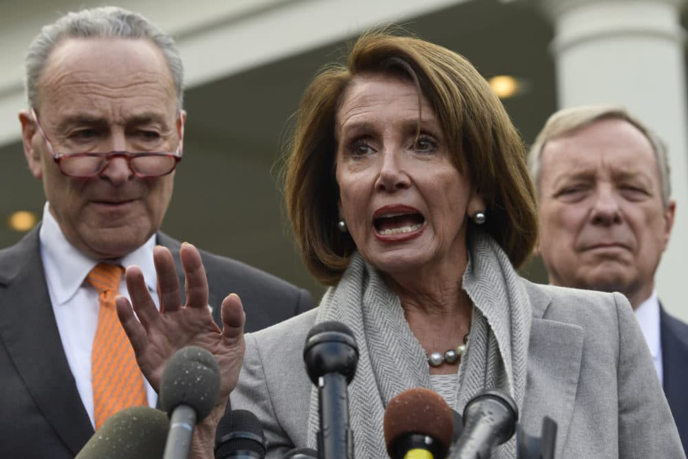 House Speaker Nancy Pelosi of Calif., center, speaks as she stands next to Senate Minority Leader Sen. Chuck Schumer of N.Y., left, and Sen. Dick Durbin, D-Ill., right, following their meeting with President Donald Trump at the White House in Washington, Wednesday, Jan. 9, 2019. (Susan Walsh/AP)