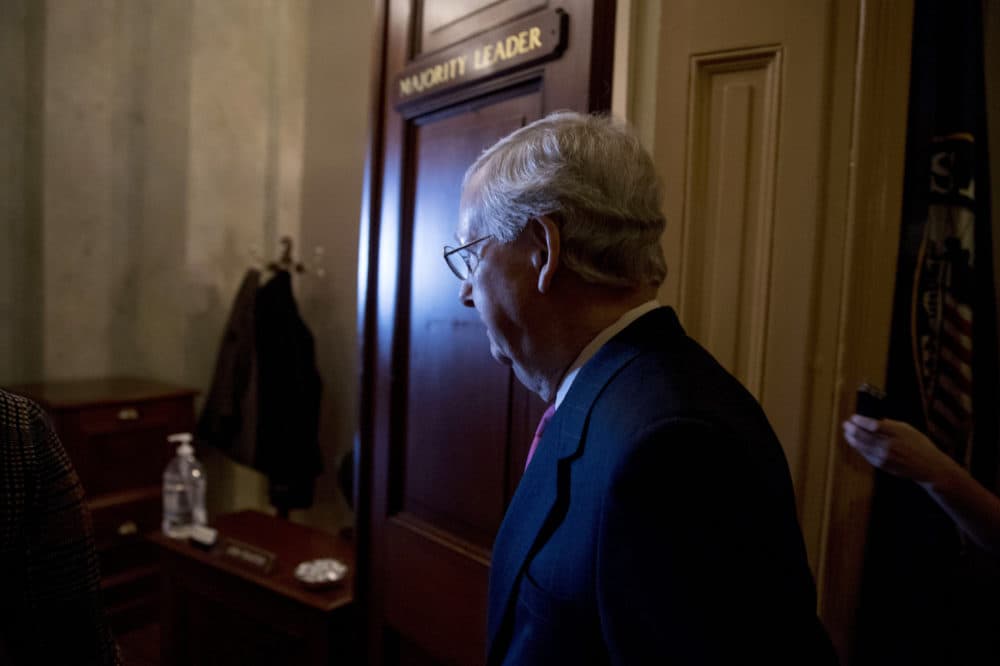 Senate Majority Leader Mitch McConnell of Ky. walks into his office for a meeting with Senate Republicans on Capitol Hill in Washington, Thursday, Jan. 10, 2019. (Andrew Harnik/AP)