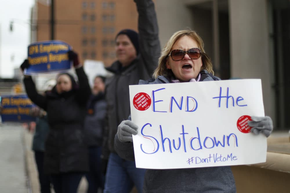 Echo Hunt holds a sign during a rally to call for an end to the partial government shutdown, in Detroit, Thursday, Jan. 10, 2019. (Paul Sancya/AP)