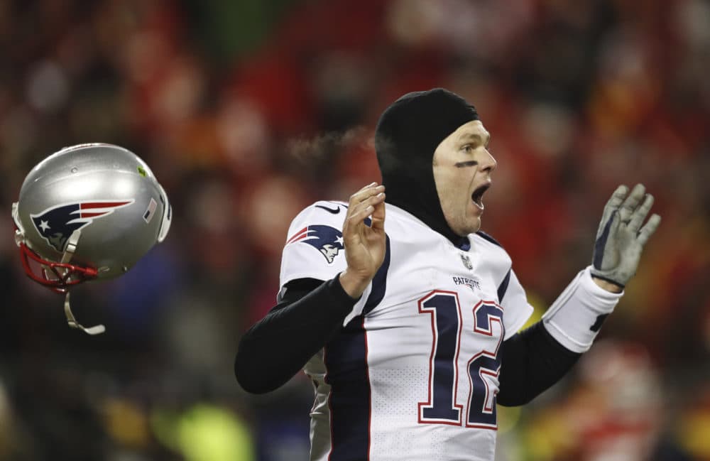 New England Patriots quarterback Tom Brady celebrates after defeating the Kansas City Chiefs in the AFC Championship NFL football game, Sunday, Jan. 20, 2019, in Kansas City, Mo. (Jeff Roberson/Associated Press)