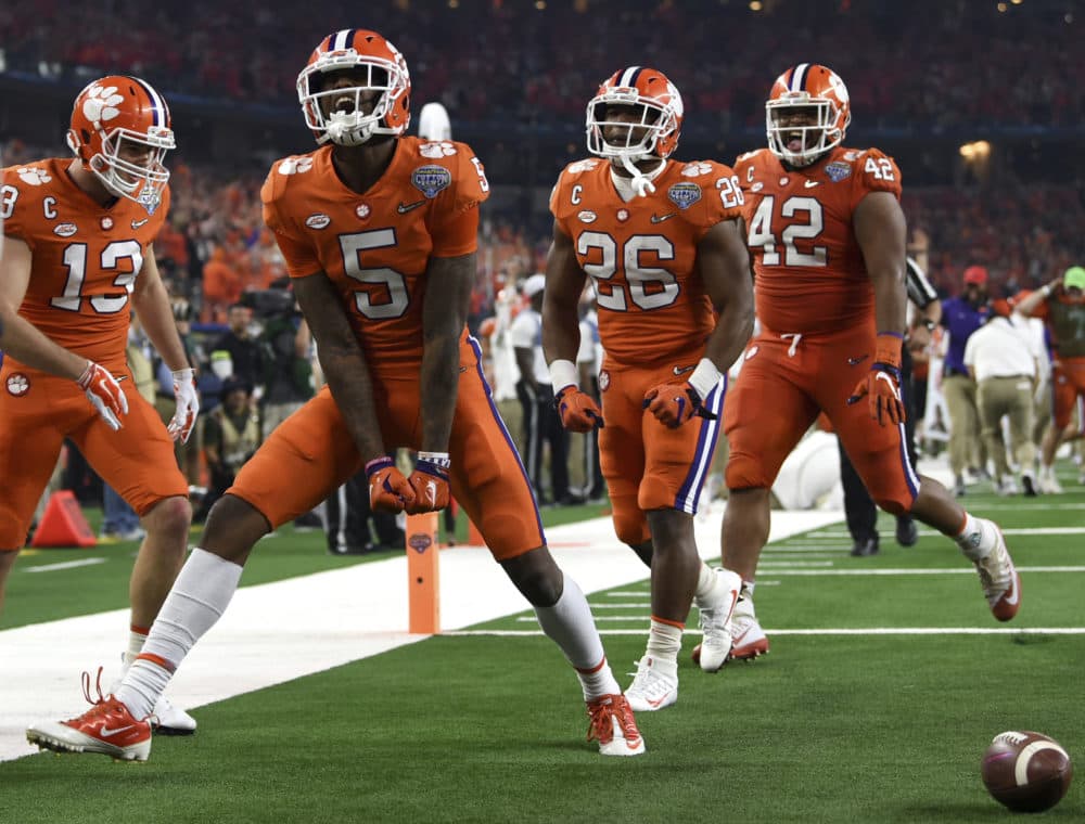 Clemson wide receiver Tee Higgins celebrates his touchdown in the first half of the BCS Semifinal against Notre Dame. (Jeffrey McWhorter/AP)