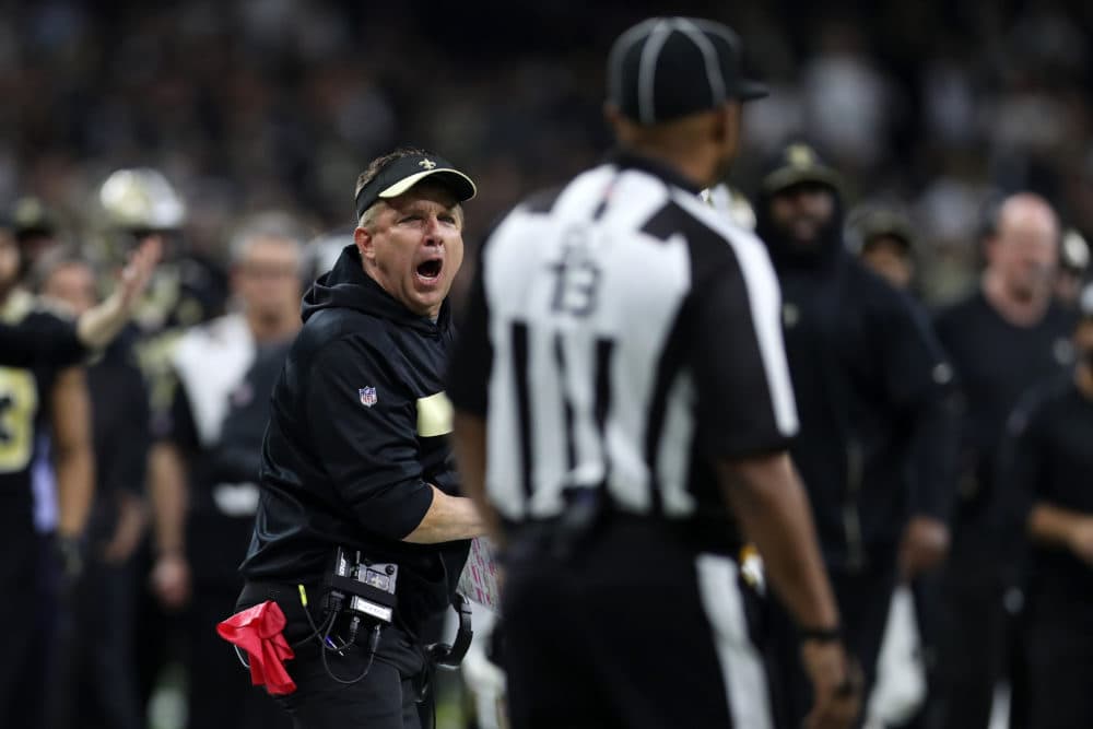 Saints head coach Sean Payton reacts to the missed call at the end of the NFC championship game. (Chris Graythen / Getty Images)