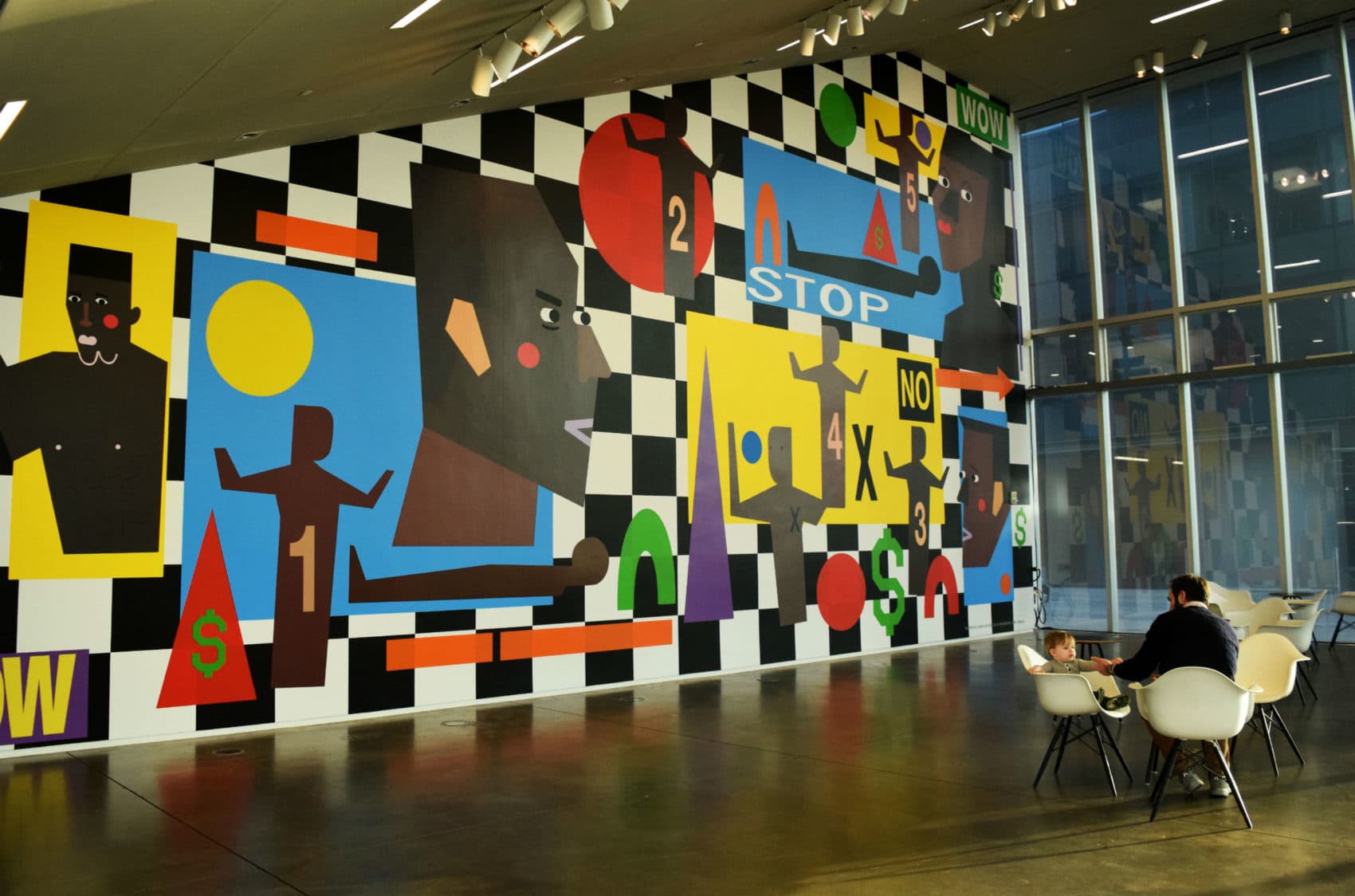 &quot;Nina Chanel Abney&quot; installed in the ICA's lobby. (Pien Huang for WBUR)