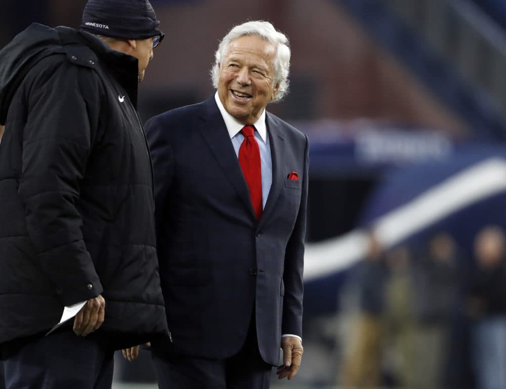 New England Patriots owner Robert Kraft on the field before a game at Gillette Stadium, Sunday, Dec. 2, 2018. (Winslow Townson/AP)