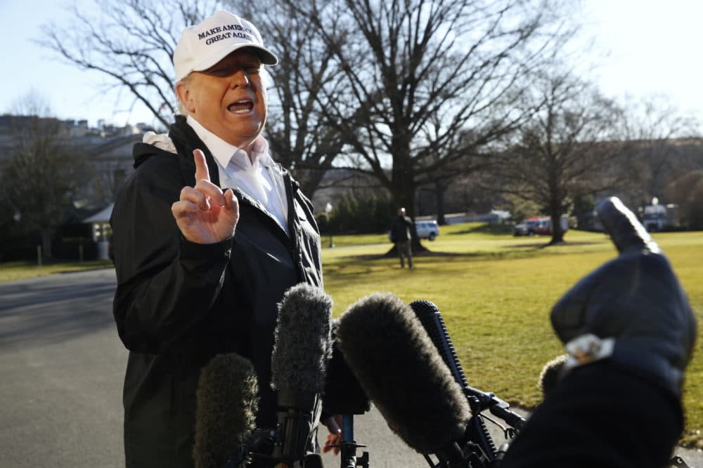 President Donald Trump gestures as a reporter asks a question, as he speaks to the media on the South Lawn of the White House, Thursday Jan. 10, 2019, in Washington. (Jacquelyn Martin/AP)