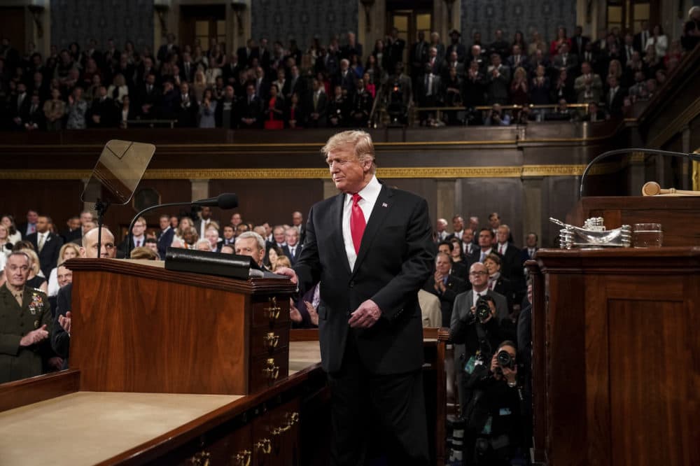 President Donald Trump delivered the State of the Union address, with Vice President Mike Pence and Speaker of the House Nancy Pelosi, at the Capitol in Washington, DC on February 5, 2019. (Doug Mills/The New York Times via AP, Pool)