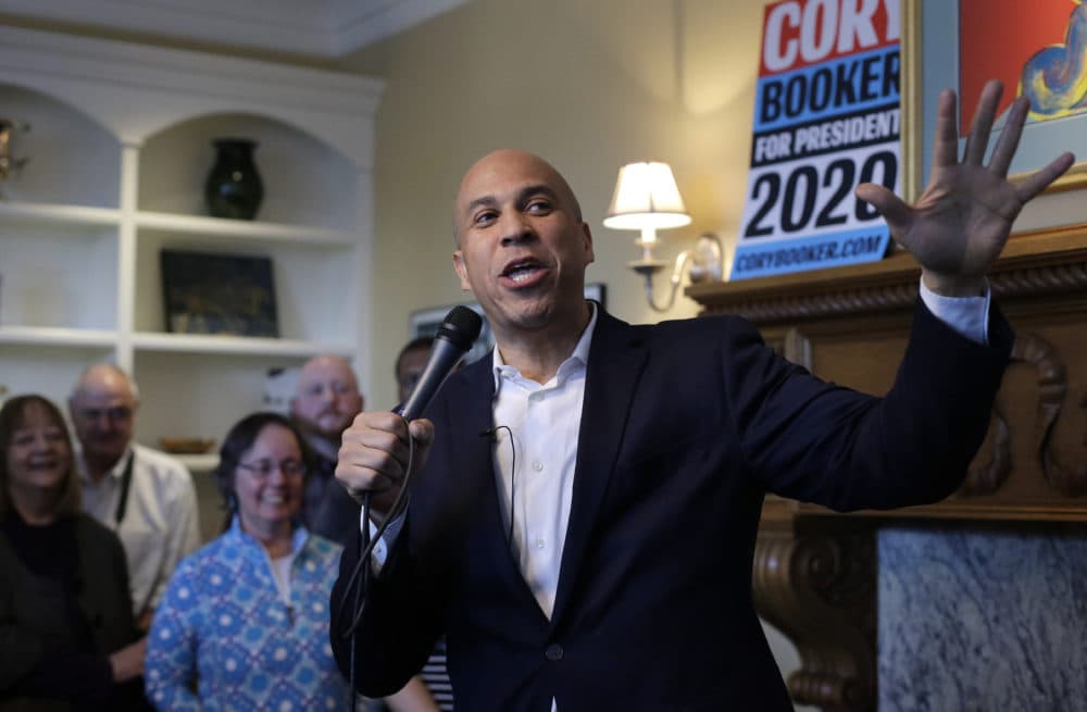 U.S. Sen. Cory Booker, D-N.J., addresses a crowd during a campaign stop Sunday, Feb. 17, 2019, at a home, in Manchester, N.H. (Steven Senne/AP)