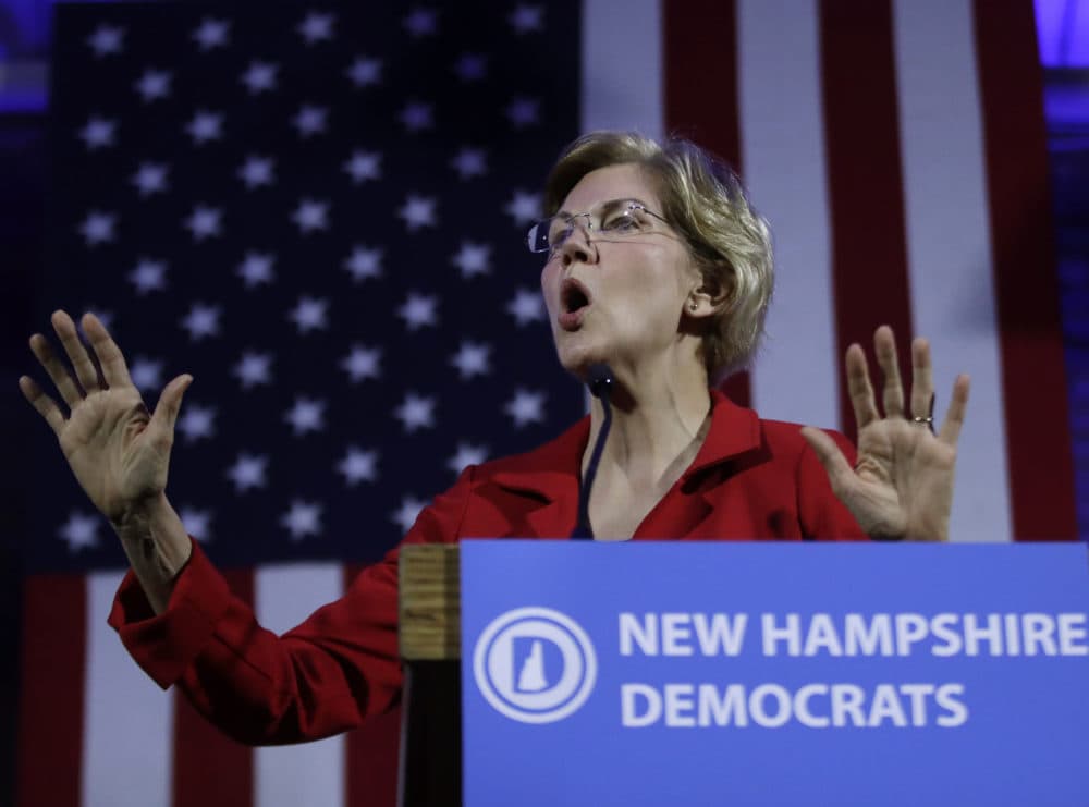 Democratic presidential candidate Sen. Elizabeth Warren, D-Mass., speaks at the New Hampshire Democratic Party's 60th Annual McIntyre-Shaheen 100 Club Dinner in Manchester, N.H. (Elise Amendola/AP)