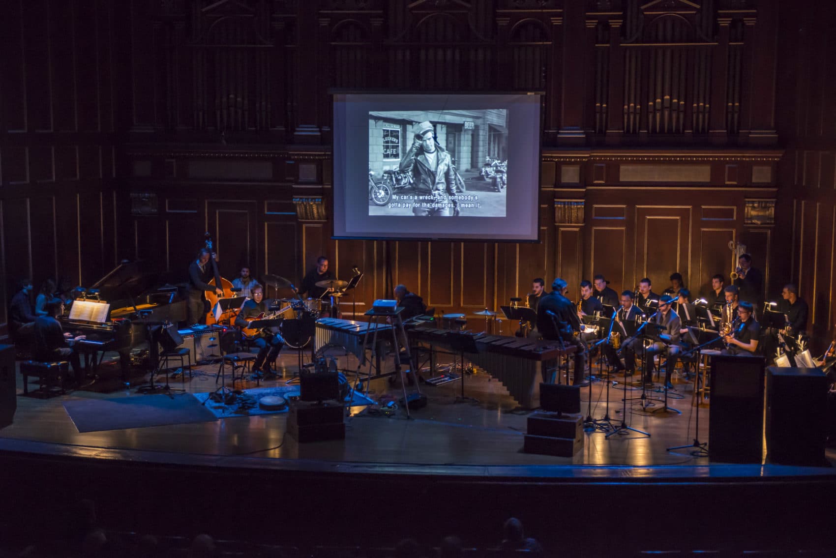 New England Conservatory’s Contemporary Improvisation Department performs at last year’s Film Noir concert, “Brando Noir.” (Courtesy New England Conservatory)