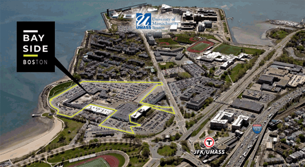 A slide from Thursday's UMass Board of Trustees presentation shows the Bayside site in the context of UMass Boston campus and the surrounding neighborhood. (Courtesy)