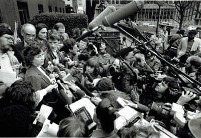 A jury forewoman speaks to reporters in Seattle in 1985 after the verdicts in a racketeering trial of Neo-Nazis. (Courtesy of David Boeri)