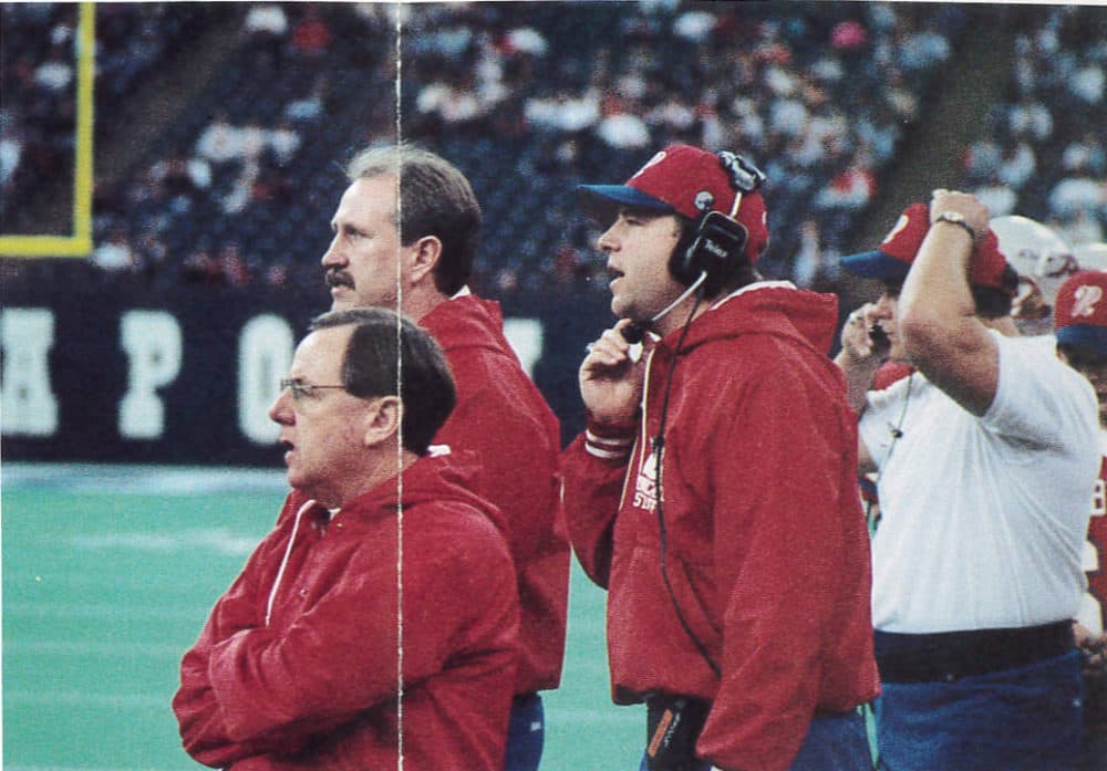 Bob Tully (front, left) and Bruce Scifres (back, left) coached Roncalli High School football to its fourth state title in 1994. (Courtesy Roncalli High School)