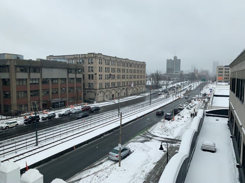 Snow blanketed Commonwealth Avenue in Boston on Sunday morning. (Laney Ruckstuhl/WBUR)