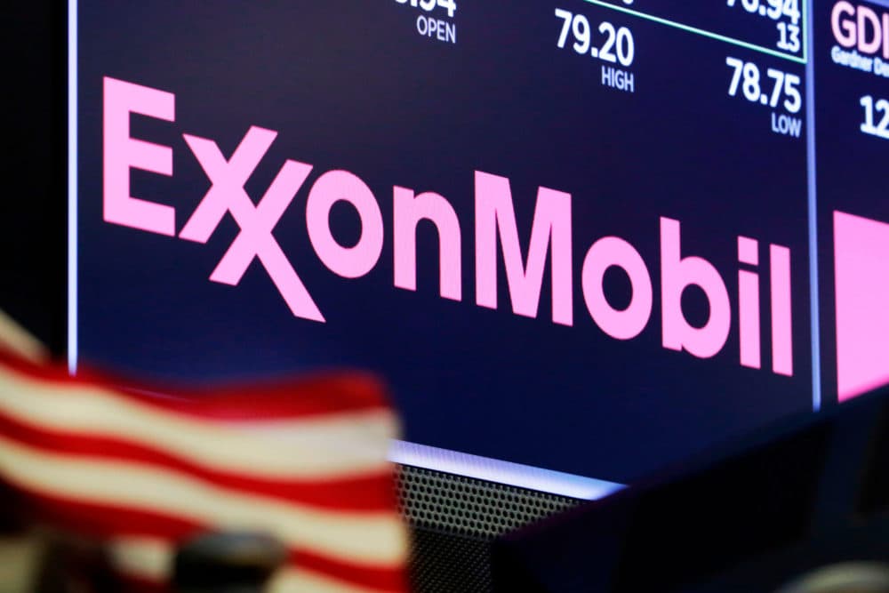 This April 23, 2018 file photo shows the logo for ExxonMobil above a trading post on the floor of the New York Stock Exchange. (Richard Drew/AP)