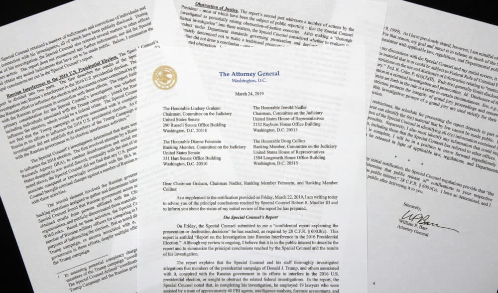 A copy of a letter from Attorney General William Barr advising Congress of the principal conclusions reached by Special Counsel Robert Mueller. (Jon Elswick/AP)