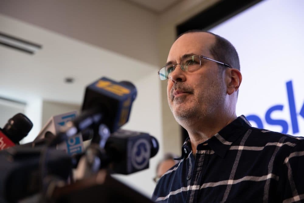 David Wheeler, whose son Ben was killed at Sandy Hook, speaks at a press conference after the Connecticut Supreme Court ruling. (Ryan Caron King/WNPR)