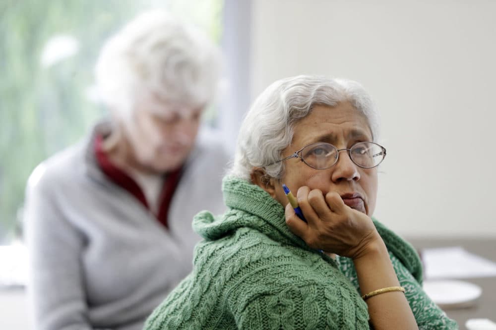 Sara Dhamija, right, listens to a teacher during an anti-bullying class at the On Lok 30th Street Senior Center in San Francisco, April 13, 2018. (Marcio Jose Sanchez/AP)