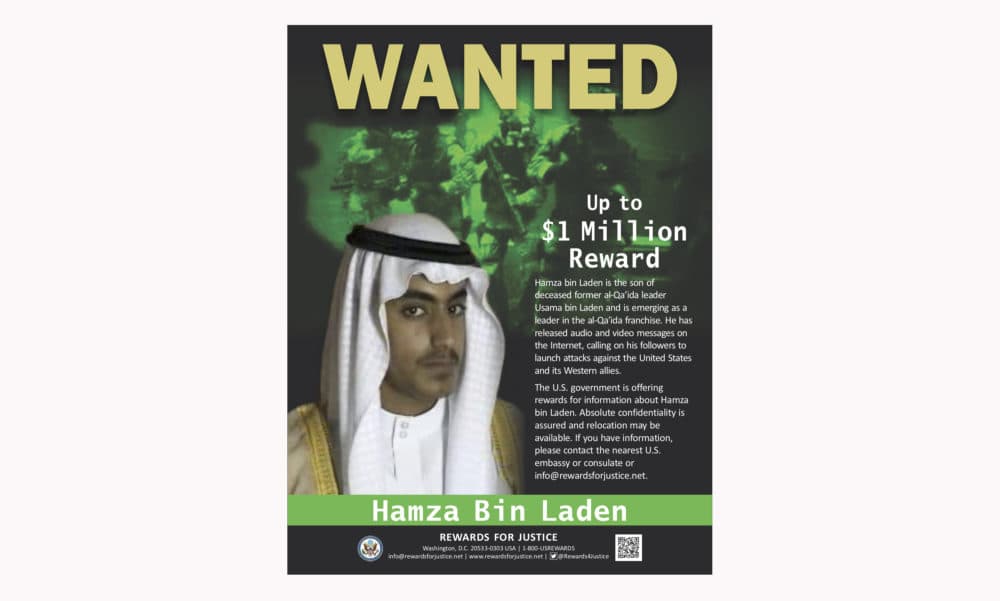 This wanted poster released by the U.S. Department of State Rewards for Justice program shows Hamza bin Laden. Saudi Arabia announced Friday, March 1, 2019 it had revoked the citizenship of bin Laden, the son of the late al-Qaida leader. (Rewards for Justice via AP)
