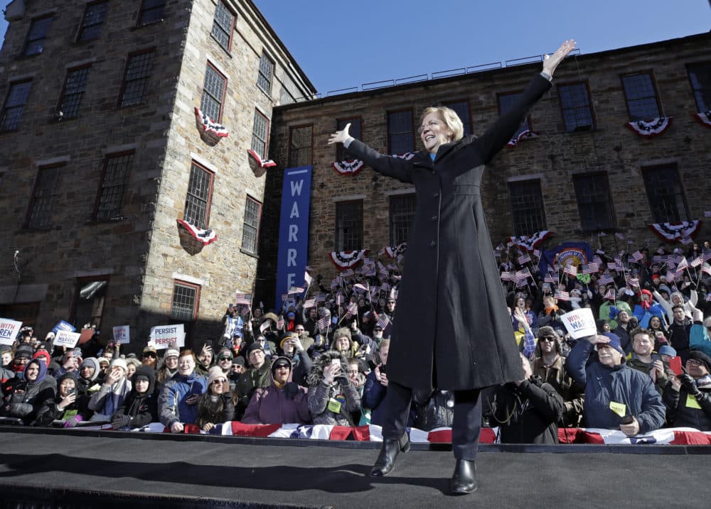 U.S. Sen. Elizabeth Warren takes the stage during an event to formally launch her presidential campaign in Lawrence, Mass., on Feb. 9, 2019. Presidential candidates have used thematic songs to great effect in recent times. But it can also cause trouble if musicians object, and that’s what Warren could be finding out is the case with Dolly Parton’s “9 to 5.” (Elise Amendola/AP)