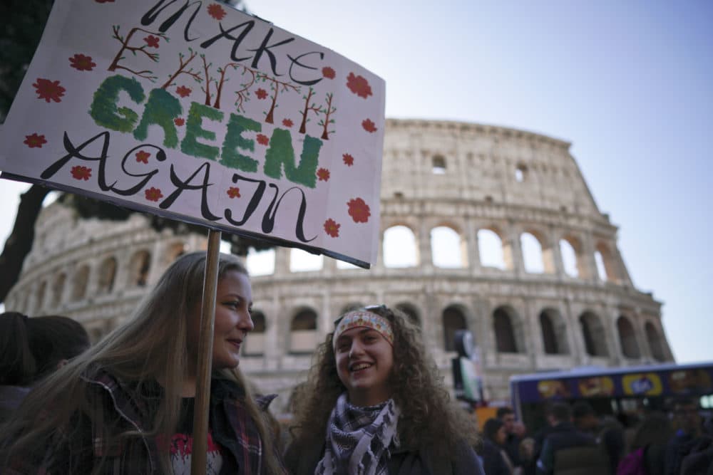 Students in Rome gather in front of the ancient Colosseum in protest to demand action on climate change on Friday, March 15, 2019. (Andrew Medichini/AP)