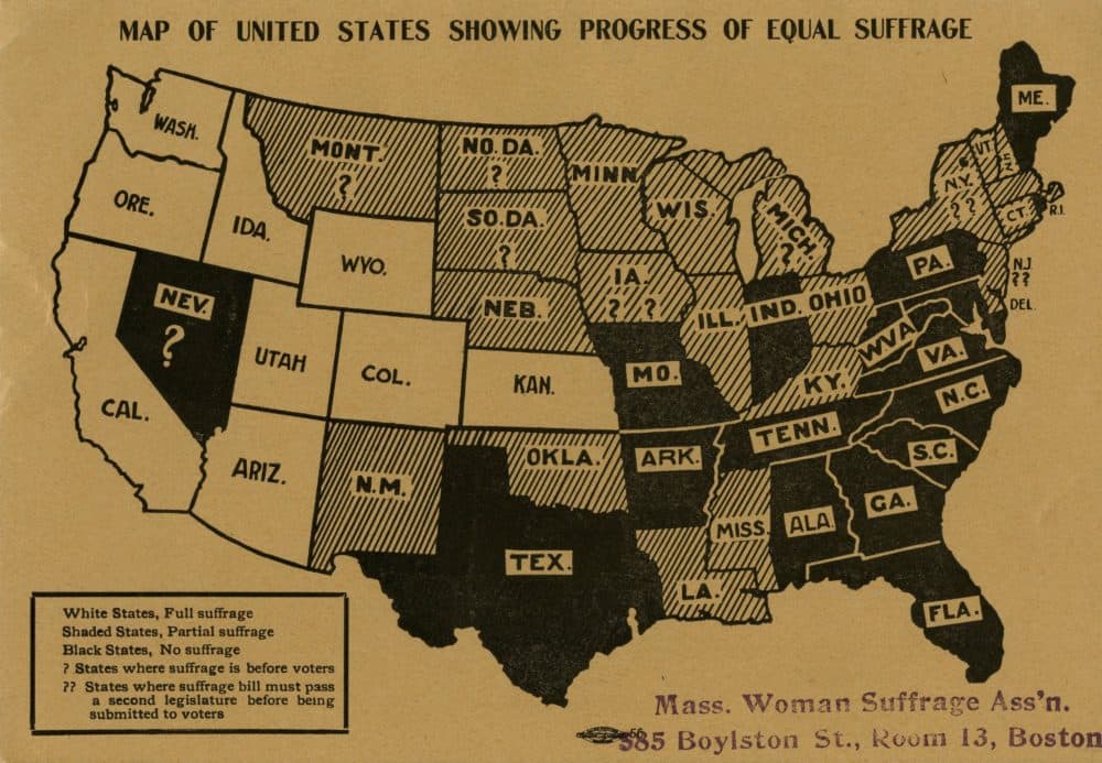 Map of states where women were allowed to vote, and in what capacity, circa 1912. (Courtesy Scripps College)