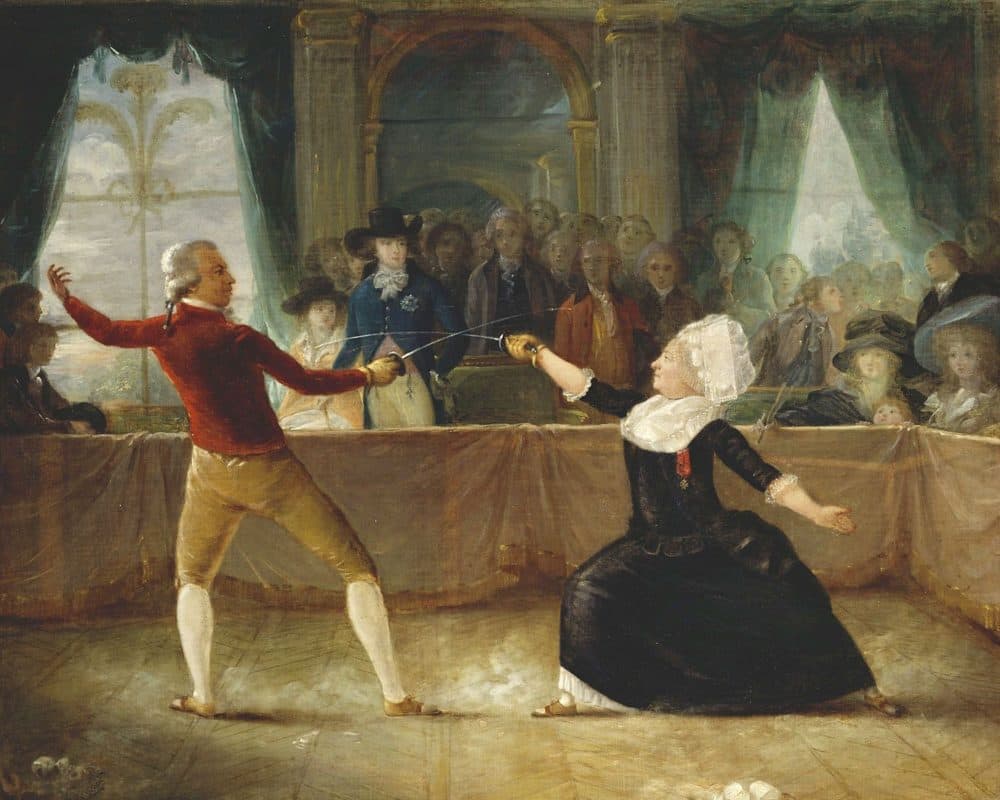 Fencing match between St.-Georges and cross-dressing French diplomat and spy La Chevalière d'Éon on April 9, 1787, by Abbé Alexandre-Auguste Robineau. (Public Domain)