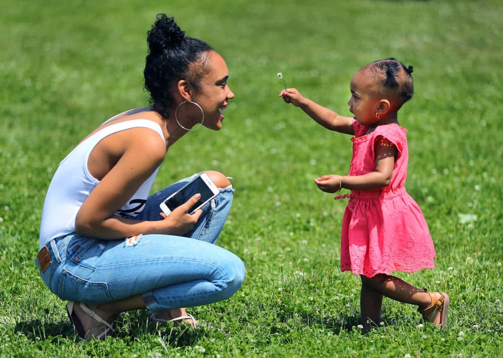 Dorchester, 06/16/18 - Gabriella Castro, 18 months from Dorchester, gives her mother Jassy a clover flower she picked in the grass at Playstead Park, where they and others celebrate Juneteenth Day with picnics, dancing and socializing. Juneteenth Day celebrates the day, June 19, after the Civil War when word reached slaves in Texas that they were free. (Courtesy John Tlumacki/Globe Staff)