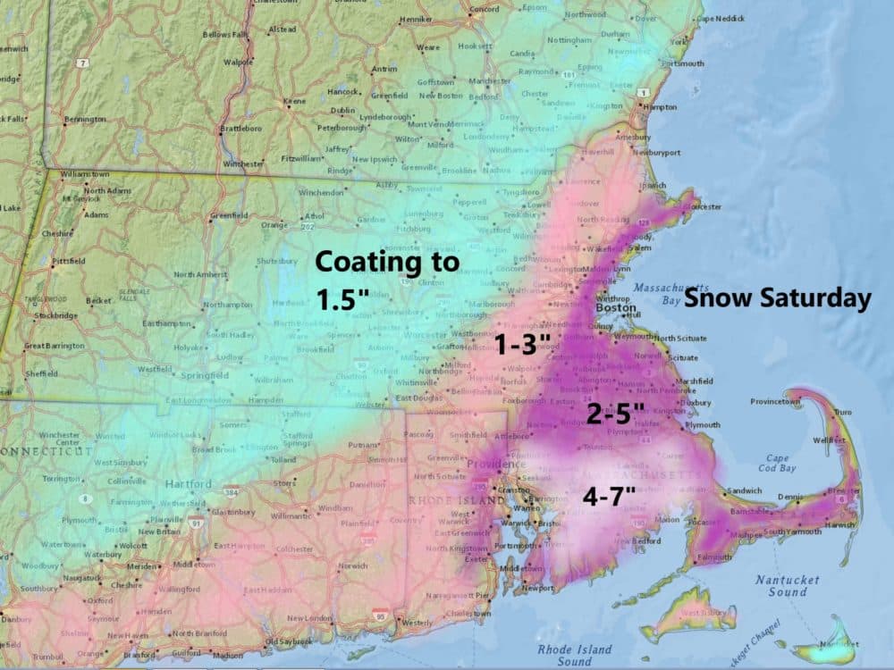 Highest snow totals will be south of Boston Saturday. (Dave Epstein/WBUR)