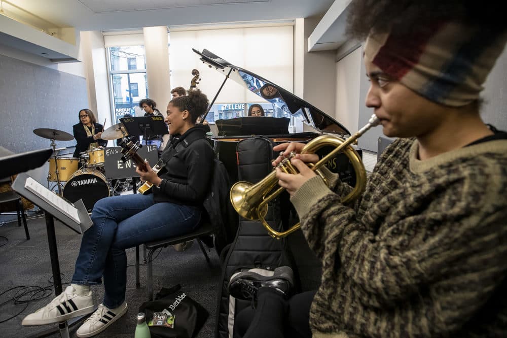 Terri Lyne Carrington joins students on the drums as they play the Thelonius Monk song &quot;Bemsha Swing&quot; at Berklee's Institute of Jazz and Gender Justice class. (Jesse Costa/WBUR)