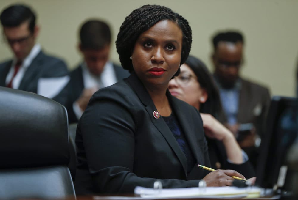 Rep. Ayanna Pressley, D-Mass., listens to testimony by Michael Cohen, President Trump's former lawyer, before the House Oversight and Reform Committee on Capitol Hill in Washington on Feb. 27. (Pablo Martinez Monsivais/AP)