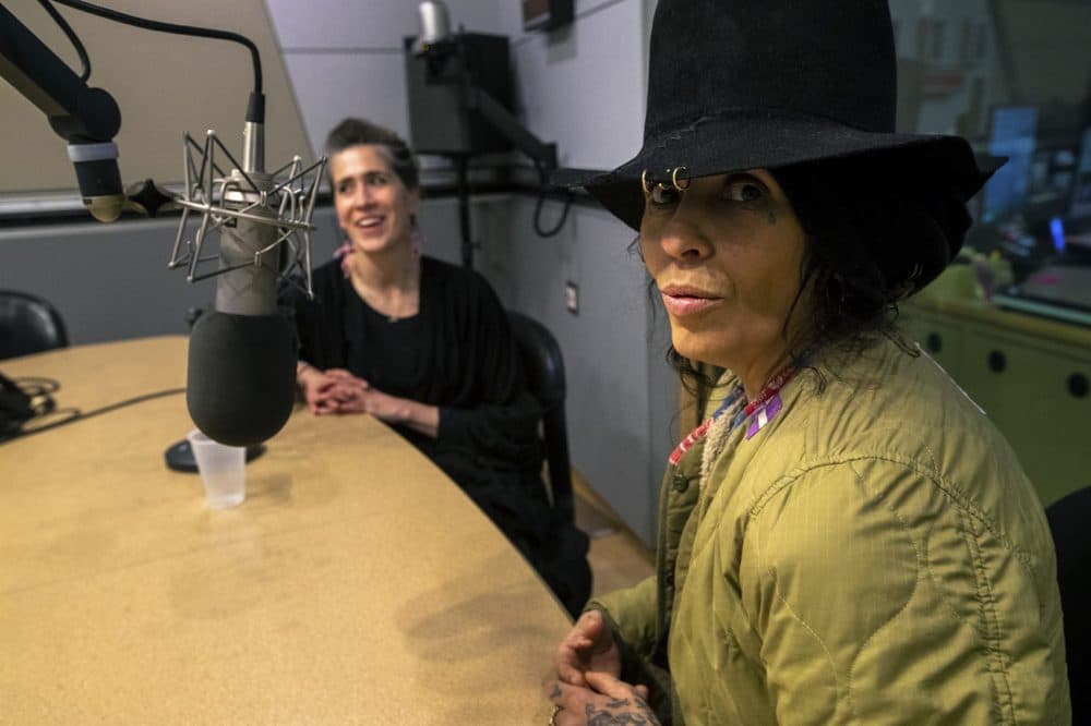 Linda Perry, right, and Imogen Heap in the WBUR studios. (Jesse Costa/WBUR)